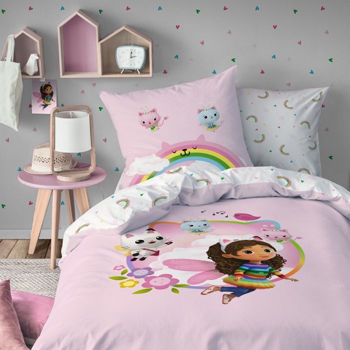 Juego de ropa de cama infantil con sábana bajera, 100% algodón - GABBY Y LA CASA MÁGICA DEL JARDÍN - Rosa - 140x200+63x63cm + 90x190cm