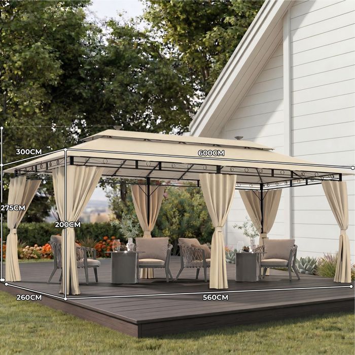 Tonnelle de Jardin 3x6 avec Éclairage, Imperméable Deluxe Tonnelle,Pergola Jardins Exterieur pour 8-10 Personnes, Beige