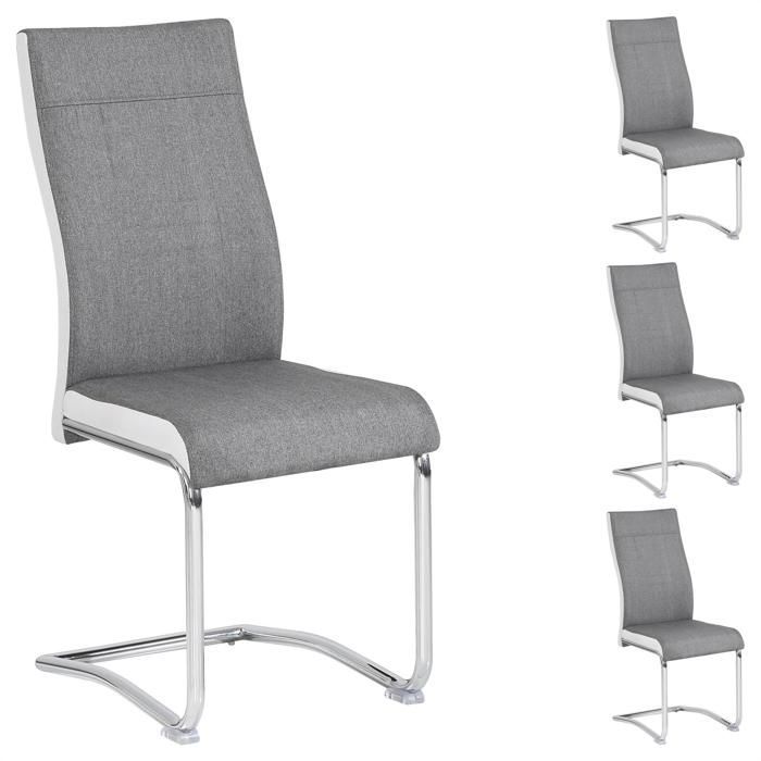 Lot de 4 chaises de salle à manger ou cuisine ALBA avec assise rembourrée et piètement chromé, revêtement en tissu gris et blanc