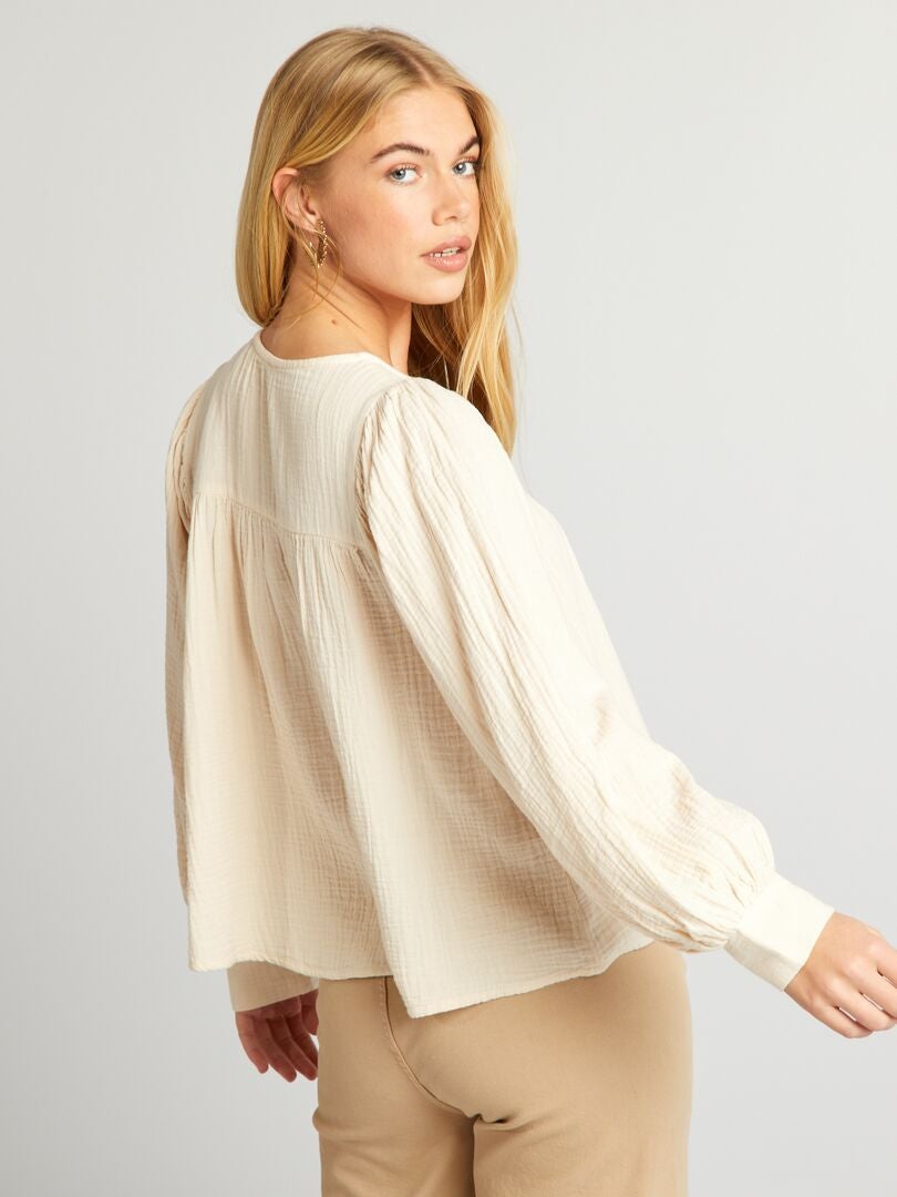 Blusa in garza di cotone con ricamo - BEIGE