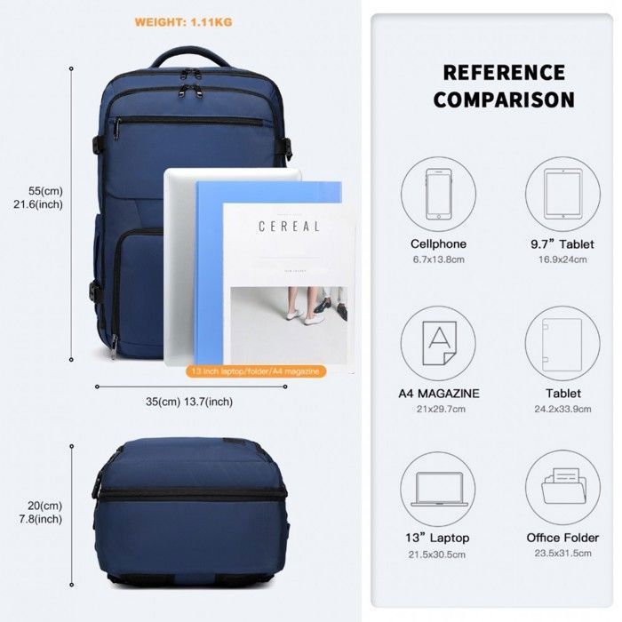 Mochila de viagem de grande capacidade, 55x35x20cm, para laptop, ideal para bagagem de mão, perfeita para voos da Easyjet na cor azul marinho.