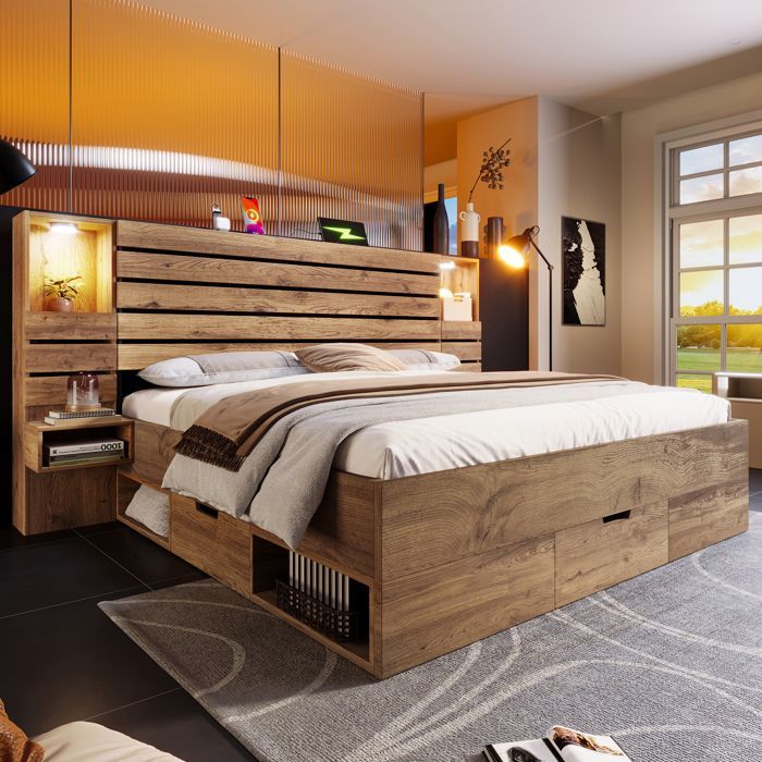 Cama de casal estofada 180x200 cm com iluminação LED, 3 gavetas, mesas de cabeceira suspensas e portas USB - Efeito Carvalho