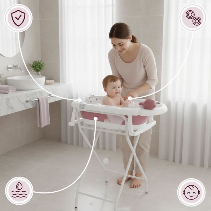Folding baby bathtub - Moby-System - Holly - LCD thermometer - Soft cushion - Metal stand