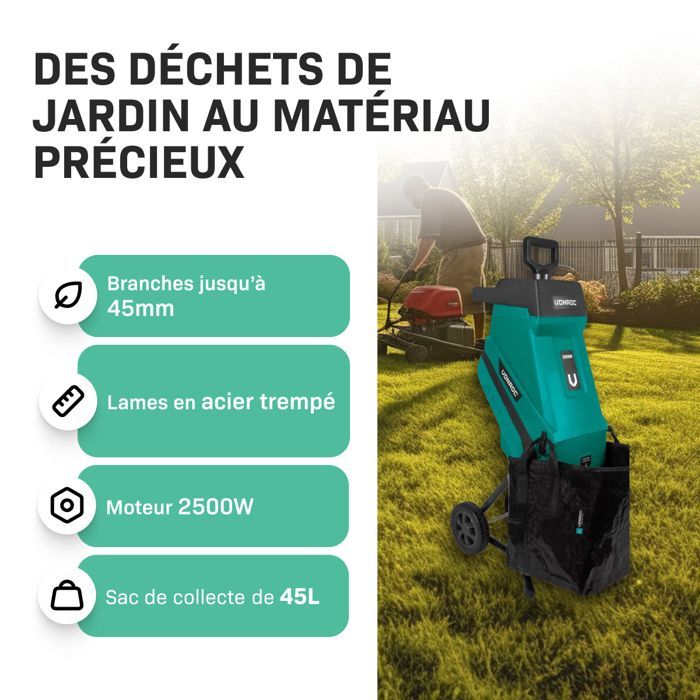 Trituradora de jardín de 2500 W – Para ramas de hasta Ø45 mm – Incluye contenedor de recogida de 45 L y empujador.