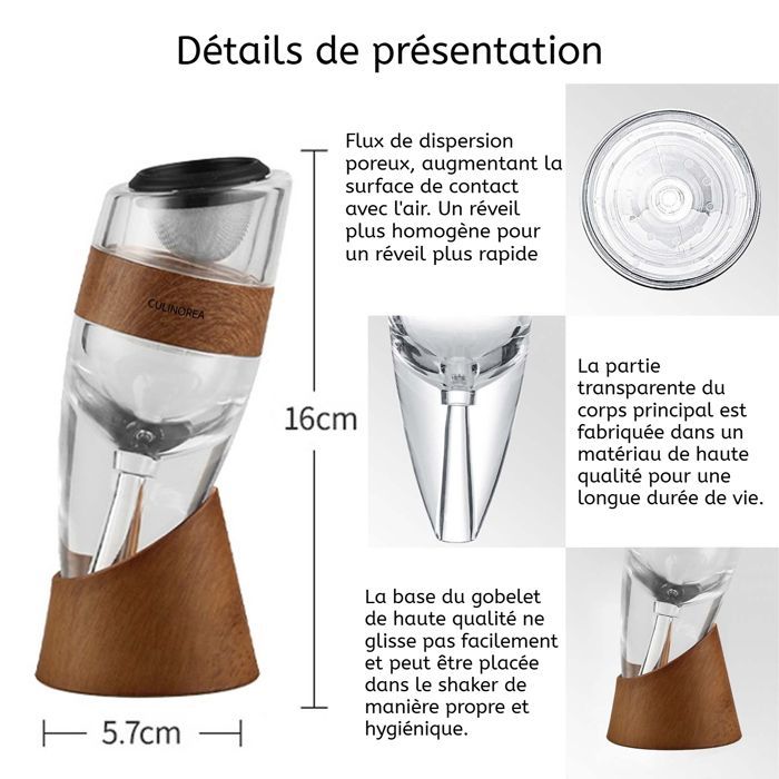 Wine Aerator - CULINOREA - 16 x 5.7 x 5.5 cm. Wooden wine glasses allow for quick decanting of wine. Red wine decanter.