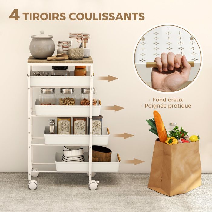 Carrito de cocina - HOMCOM - con ruedas - 5 estantes - 4 cajones deslizantes y estante de almacenamiento - blanco