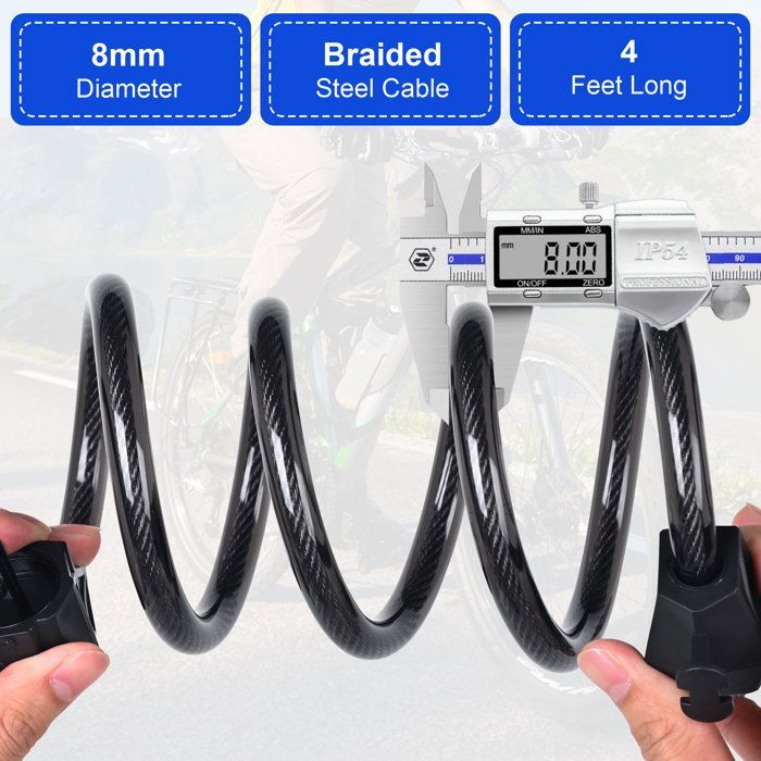 Keyless Combination Lock for Scooters - Reinforced 8mm x 120cm Cable for Bicycles, Motorcycles, and Electric Scooters
