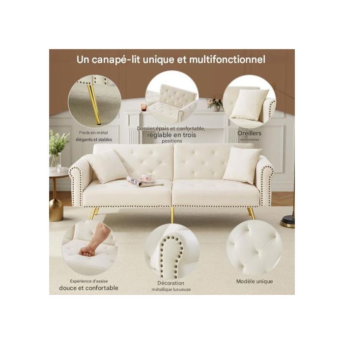 Canapé convertible - RAVAS - Banquette 2 places - Velours blanc - Dossier réglable - Espace de rangement