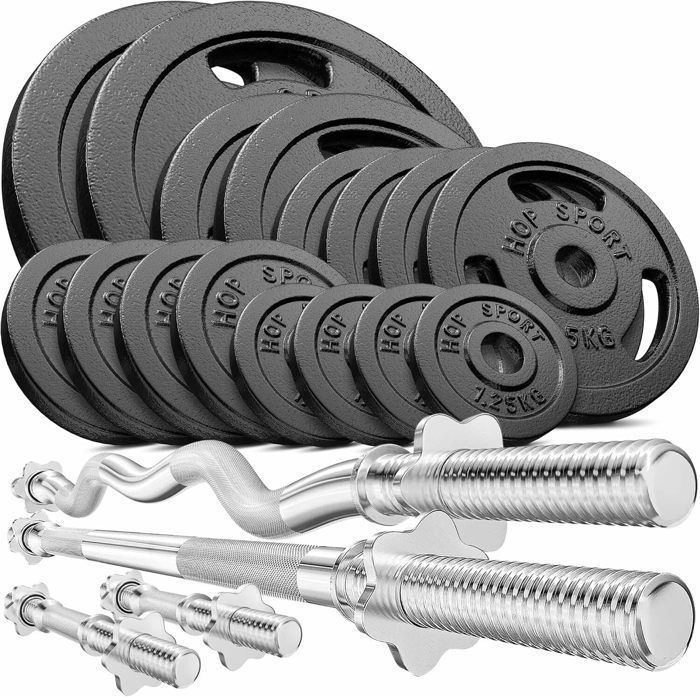 Hop-Sport 116 kg Cast Iron Dumbbell Set with Two Short Bars, Long Bar, SZ-Curl Bar and Weight Plates, Dumbbell Set