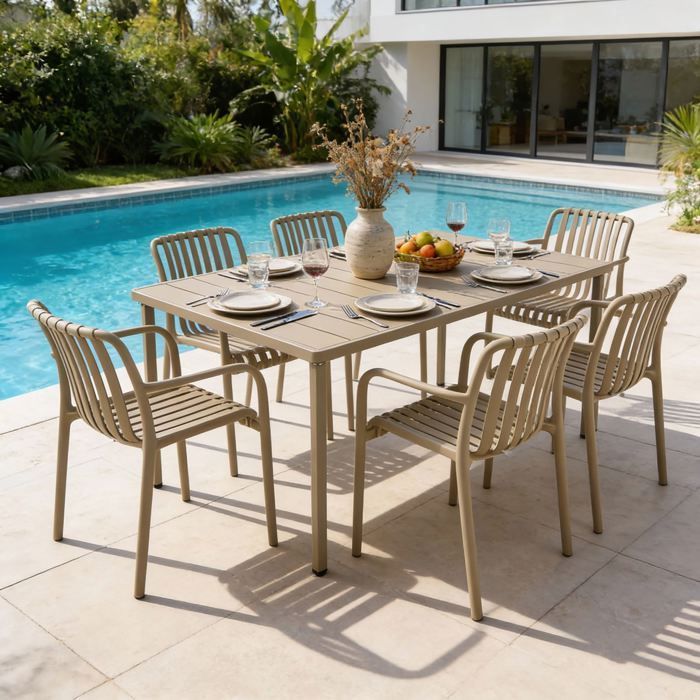 Conjunto de mesa y sillas de jardín TULIPANO para 6 personas, color champán, sillas apilables resistentes a los rayos UV.