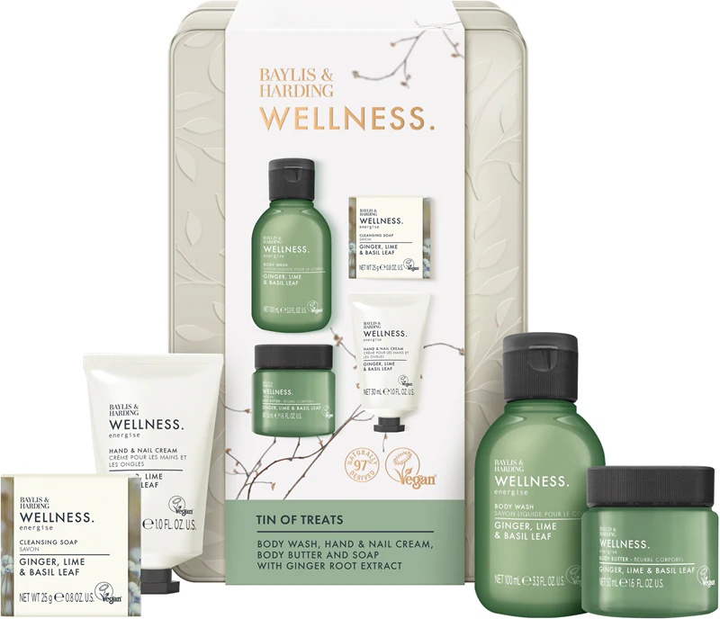 Darilni set za telo Baylis & Harding Wellness. Energise z ingverjem, limeto in bazilikinimi listi