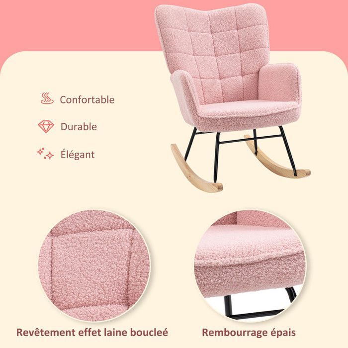 Fauteuil à bascule, rocking chair, fauteuil allaitement, chaise a bascule en polaire Teddy, chambre à coucher, salon - rose