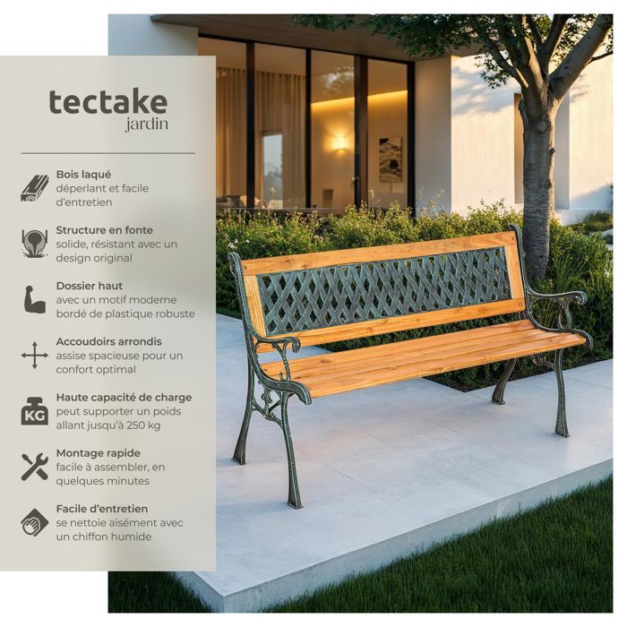 Banco de exterior - TECTAKE - TAMARA Banco de jardín de 2 plazas en madera natural lacada y hierro fundido, 128 x 51 x 73 cm - Marrón