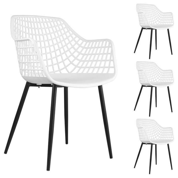 Set of 4 LUCIA chairs for dining room or kitchen with a retro design, featuring armrests, a white plastic shell and 4 metal legs