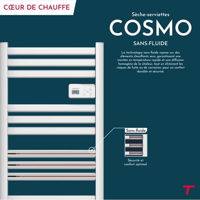 Sèche-serviette électrique sans fluide - THOMSON - COSMO 500W - Connecté WiFi - blanc - NF