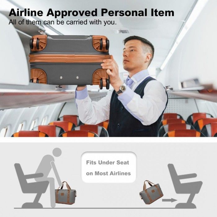 Kono Set de 4 Valises de Voyage Rigide ABS + PC Bagage Cabine avec Portable Vanity Case + Pliable Sac de Voyage pour Sport, Gris