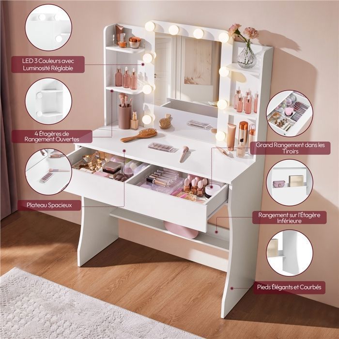 Yaheetech Dressing Table with Mirror, 10 LED Lights (3 Colors), Two Large Drawers and Six Storage Shelves, White