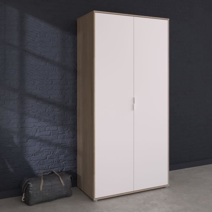 Armoire de chambre AALBORG - Décor Blanc et chêne - 2 portes battantes - L100 x P50,2 x H204,3 cm - PARISOT