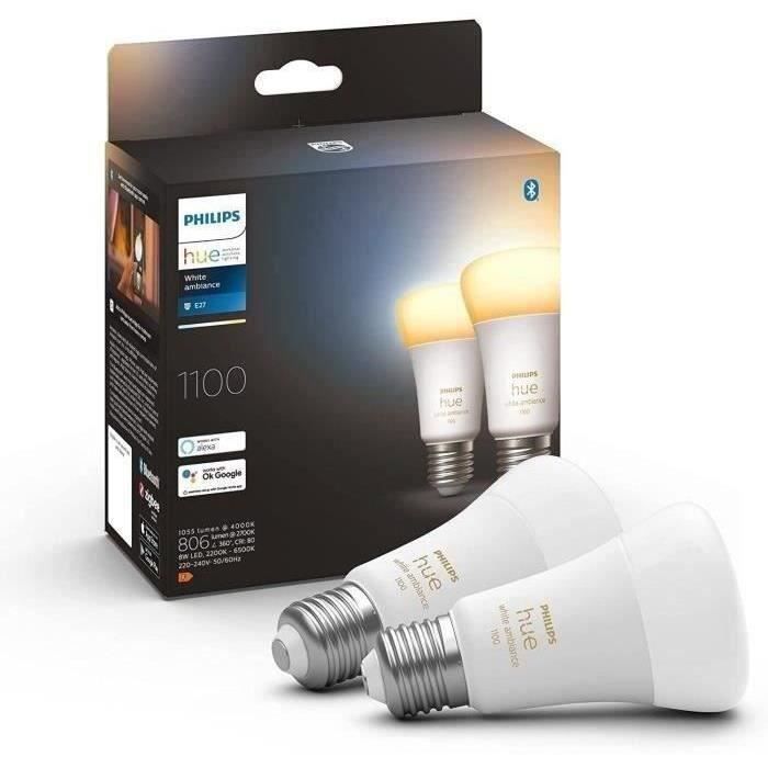 Bombilla LED Philips Hue White Ambiance, casquillo E27, equivalente a 75 W, 1100 lúmenes, compatible con Bluetooth, paquete de 2 unidades.