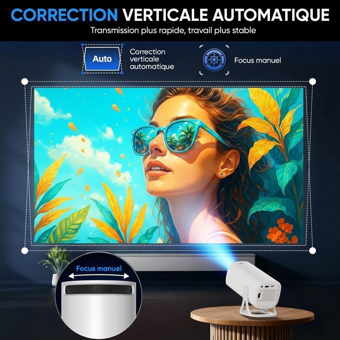 Mini projetor de vídeo, compatível com Android, suporta resolução 4K e 1080p, possui Wi-Fi, Bluetooth 5.0 e correção automática de distorção trapezoidal.