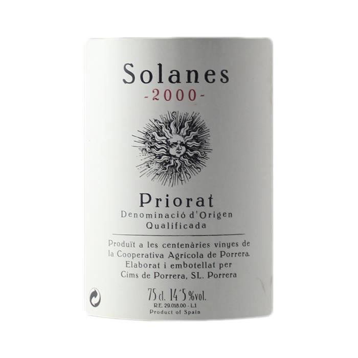 Priorat Solanes Rouge 2000 - Lot de 3x75cl - Cims de Porrera - Vin D.O Rouge - Origine Espagne - Cépages Carignan, Grenache