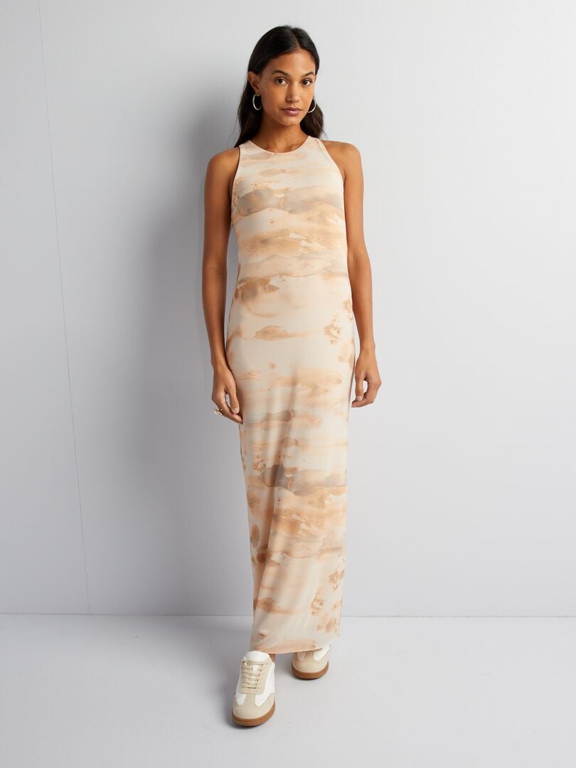 Vestido longo justo tie-dye - BEGE