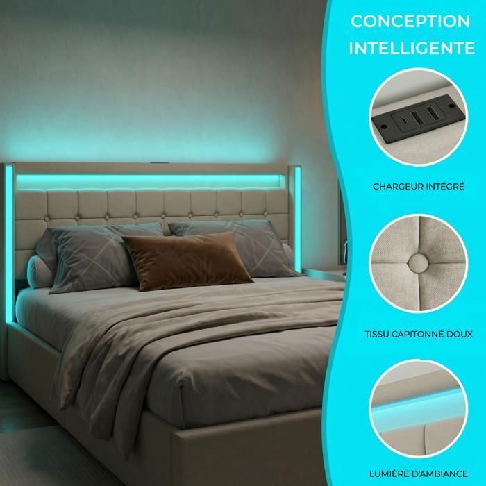 Gestoffeerd tweepersoonsbed 160x200 cm met 4 lades, geschikt voor volwassenen met ledverlichting en USB-oplaadmogelijkheid, lattenbodem, linnen bekleding, beige