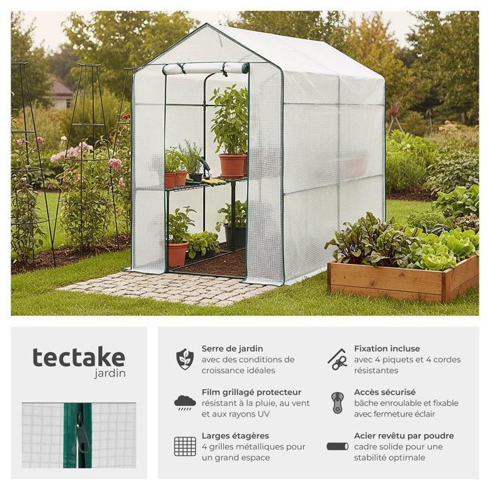Invernadero de jardín - TECTAKE - ANDREA Invernadero exterior flexible con estructura de acero, capacidad de 3,6 m³, con 4 estantes, 186 x 120 x 190 cm - Blanco
