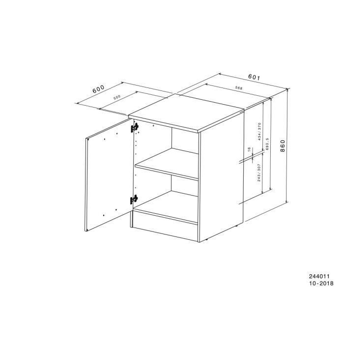Meuble bas de cuisine OSLO - Blanc mat - 1 porte - L 60 x P 60 x H 86 cm