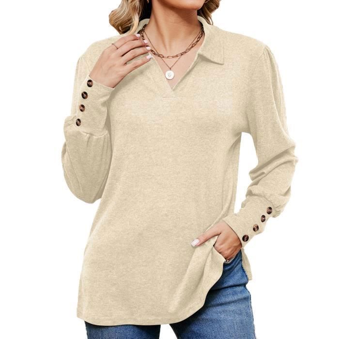Pull Femme Manches Longues Avec Boutons Pullover Lâche Tops Col V Couleur Unie Pour Printemps Et Automne - Taille EU - Abricot
