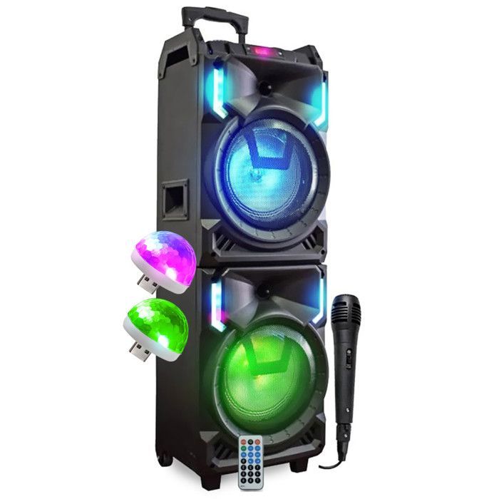 MEGA 800W XXL Bærbar DJ-højttaler med USB, Bluetooth, LED-effekter, mikrofon, karaoke og DJ-udstyr, inklusive trolley og 2 diskotekskugler