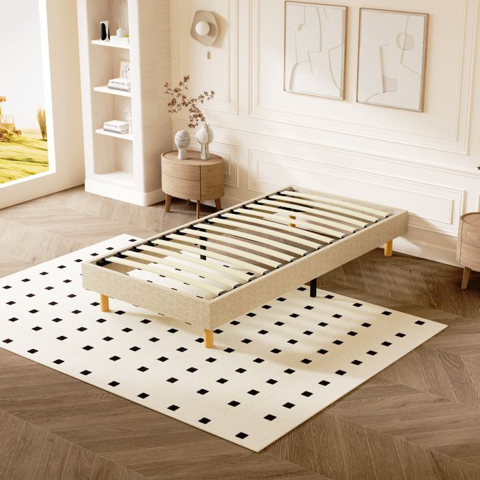 Base de cama tapizada, 90x190cm, robusta y cómoda. Cama de 90*190cm, 1x14 listones, 6 patas, altura del armazón 29cm, beige.