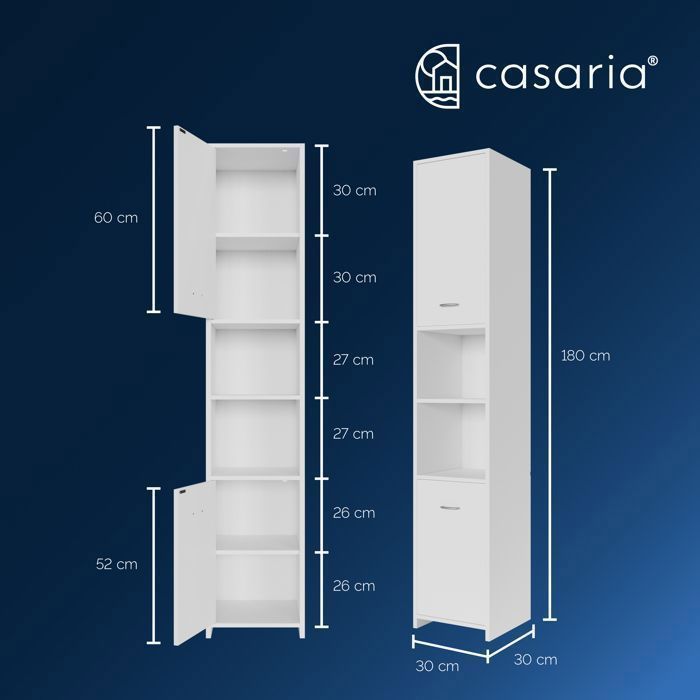 Armário de banheiro CASARIA® branco com coluna, 180x30x30cm de altura, com 6 prateleiras.