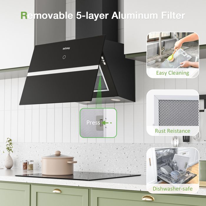 ISEASY Dunstabzugshaube – 60 cm – Schräg – Schwarz – 524 m³/h – Energieklasse A++