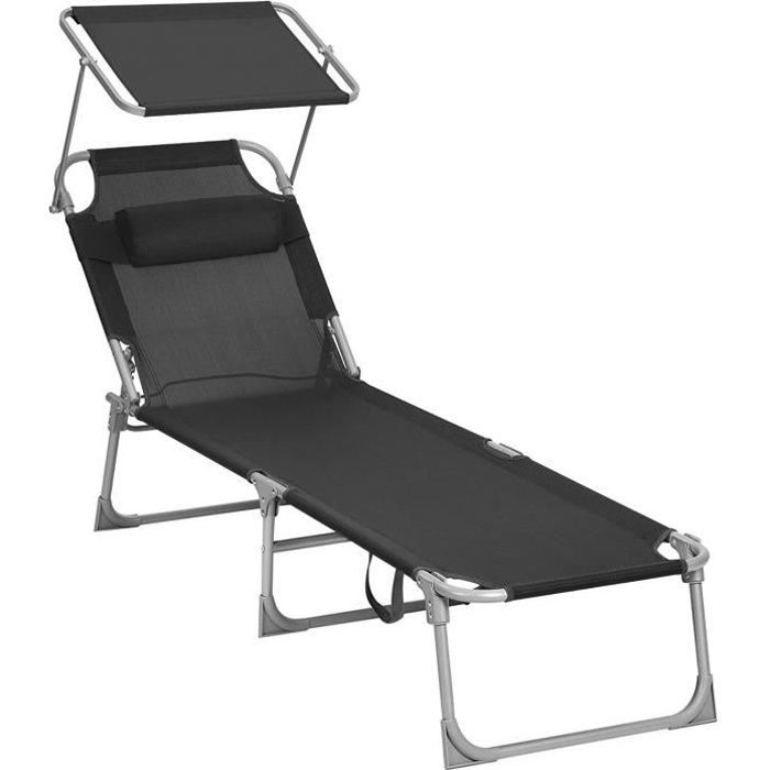 SONGMICS Chaise Longue - Lettino prendisole - Sedia relax - Nero - Pieghevole - 53 x 193 x 29,5 cm