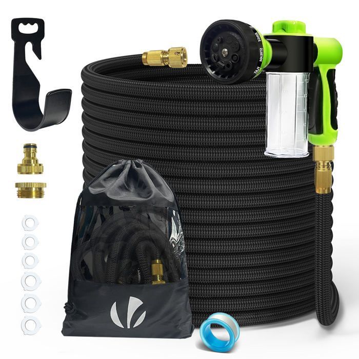 Tubo da giardino estensibile rinforzato VOUNOT® da 30 m, nero, con contenitore per sapone - 8 modalità - Connettore e borsa per il trasporto inclusi