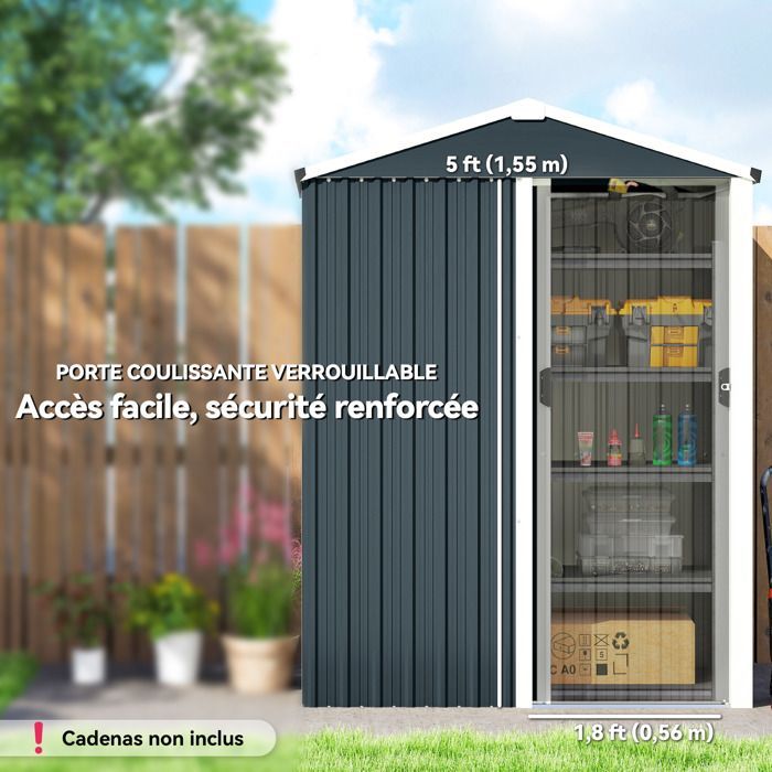 Abri de jardin - Outsunny - 1,2 m² - porte coulissante verrouillable et gants - acier galvanisé - 136 x 87 x 179 cm - gris foncé