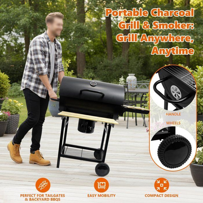 SunJas Barbecue à charbon avec 2 Etagères et Thermomètre  BBQ - 100x63,5x95 cm, parfait pour jardin, terrasse et camping