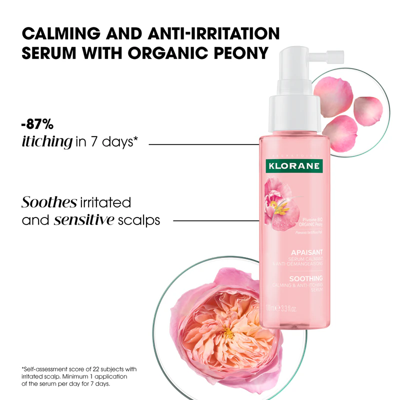 Sérum calmante e anti-coceira Klorane Peony para couro cabeludo sensível e irritado.