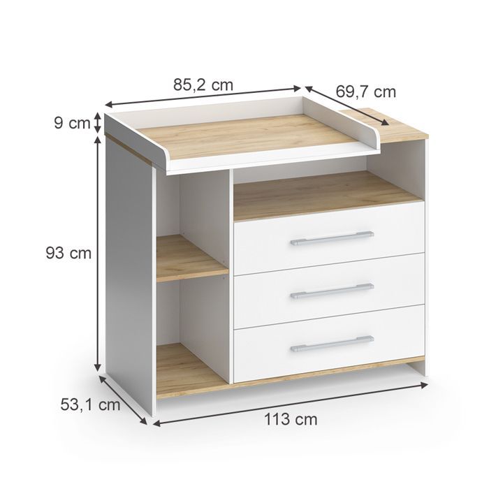 Commode à langer Oskar 113x93cm avec 3 tiroirs Chêne blanc/force de l'or Chêne de force doré Vicco 55591