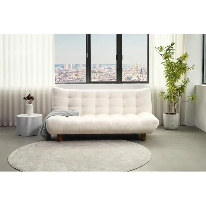 Sofá cama convertible tapizado en tejido bouclé crudo - VALENTIN Meubletmoi
