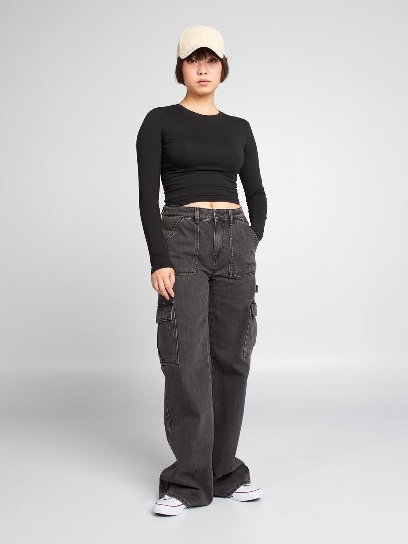 Pantalones vaqueros de pierna ancha con bolsillos - Negro