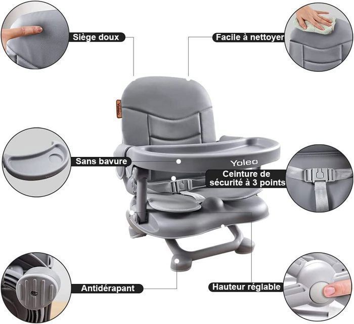 Réhausseur Chaise Enfant Pliable, Chaise Bébé Portable, Bébé Chaise repas en Hauteur Réglable, Plateau Amovible, 6 mois à 3 ans