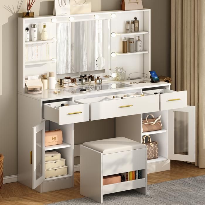 Dressing Table with Mirror and Storage Stool - NHHF - 113 x 40 x 140 cm - 10 Bulbs - 3 Adjustable Colors - 3 Drawers, 6 Shelves and 5 Hooks
