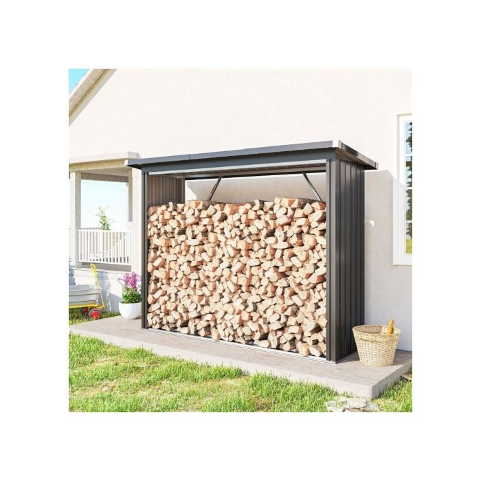 Abri-bûches couvert en acier galvanisé, support pour bois de chauffage robuste, montage rapide, 213 x 66,5 x 150 cm