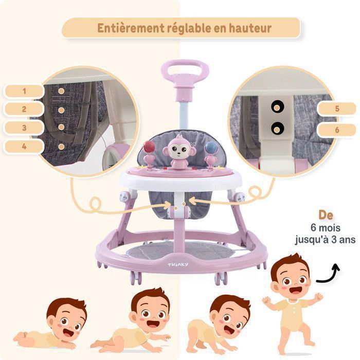 Girello Twinky® 3 in 1 | Rosa | Girello di lusso e convertibile | Monopattino, tappetino poggiapiedi e maniglione | Primi passi divertenti