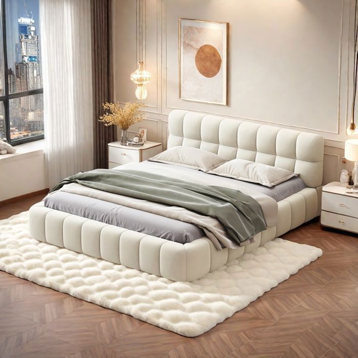 Lit adulte - TANANT - Lit double rembourré moderne - 140 x 190 cm - Tissu en lin beige - Design contemporain