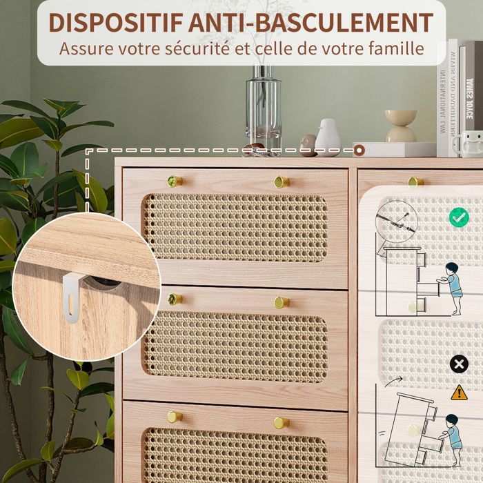 Commode - 6 Tiroirs - Bois Naturel - Finition en Rotin - Style Vintage