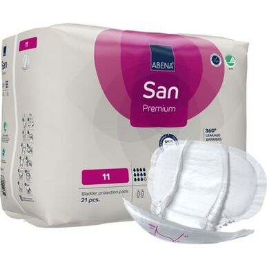Abena San Premium 360 -vuotosuojat, 11 inkontinenssisuojaa, anatominen muoto, 21 kpl