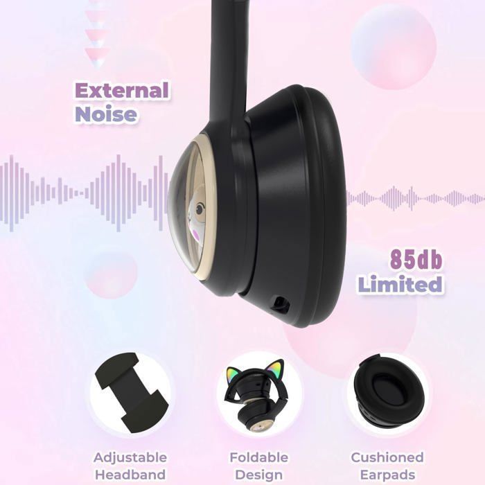 Cuffie Bluetooth per bambini 85dB: cuffie on-ear pieghevoli (con filo/wireless + LED)